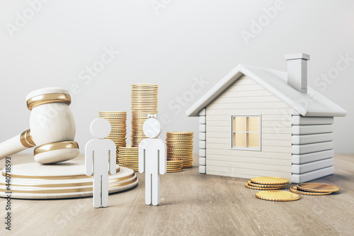 White house with golden coin stacks, male, female and gavel on concrete and wooden background. Divorce and property division concept. 3D Rendering.