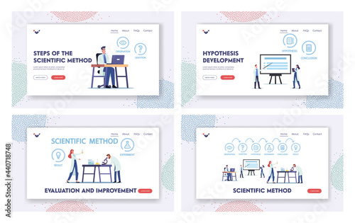 Scientific Method Landing Page Template Set. Scientists Laboratory Investigation. Observation, Question, Hypothesis