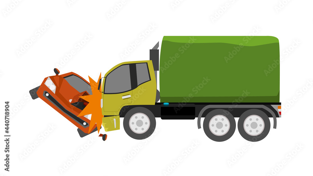 Sports car crashes in front of a truck until it is damaged. with isolated white background. Sports car crashes in front of a truck until it is damaged. with isolated white background.