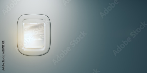 Airplane window with beautiful sky view and mock up place for your advertisement. Travel and transportation concept. 3D Rendering.