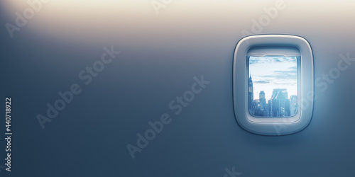 Abstract blank backdrop with copyspace and city skyscrapers view from porthole, flight and business travel concept. 3D rendering, mock up