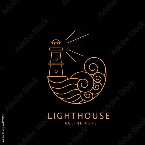 lighthouse logo with ocean wave mono line style design illustration