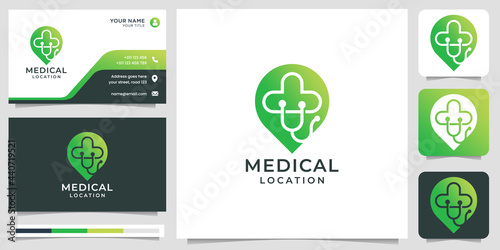 medical logo with location pin concept shape. Logo and business card design. Premium Vector