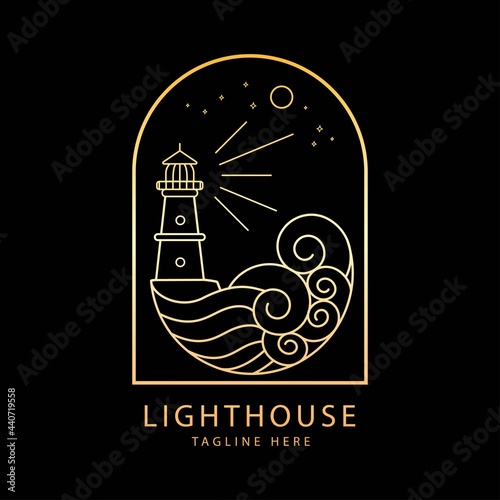 lighthouse logo with ocean wave mono line style design