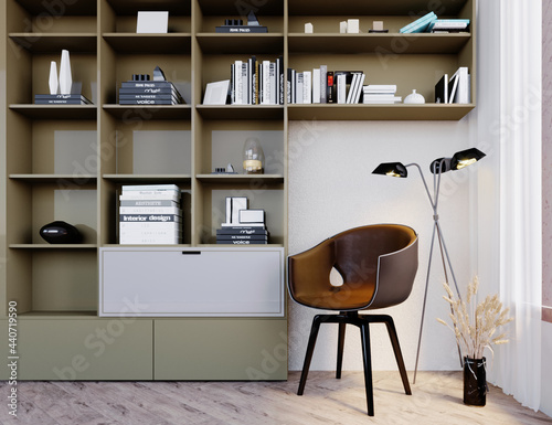 3d rendering,3d illustration, Interior Scene and  Mockup,Wall shelf, leather upholstered chair, dome, floor lamp. reading corner