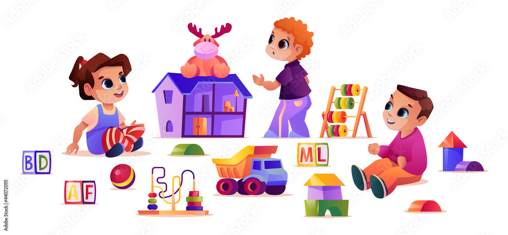 Boys and girl playing games and toys in kindergarten. Kids with doll house and educational cubes, truck and pyramids. Development and socialization in school. Cartoon character, vector in flat style Boys and girl playing games and toys in kindergarten. Kids with doll house and educational cubes, truck and pyramids. Development and socialization in school. Cartoon character, vector in flat style