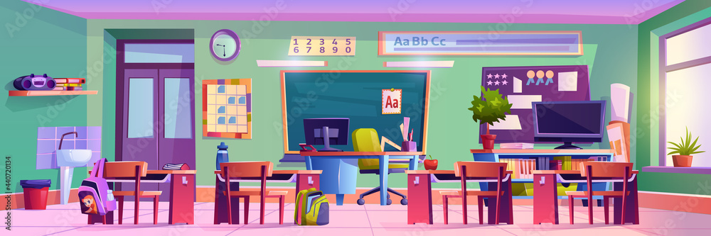Empty classroom in elementary school, interior of room with chalkboard, desks with personal belongings of pupils and working space of teacher. Modern class education. Cartoon vector in flat style