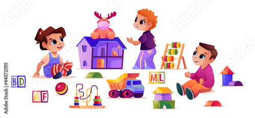 Boys and girl playing games and toys in kindergarten. Kids with doll house and educational cubes, truck and pyramids. Development and socialization in school. Cartoon character, vector in flat style
