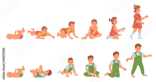 Growing baby boy and girl, development of male and female infant. From newborn to toddler, cycle and evolution of kid. Children growth and childhood. Crawling and standing kiddo, flat cartoon vector