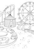 Amusement park landscape graphic black white sketch vertical illustration vector 