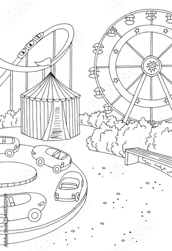 Amusement park landscape graphic black white sketch vertical illustration vector 