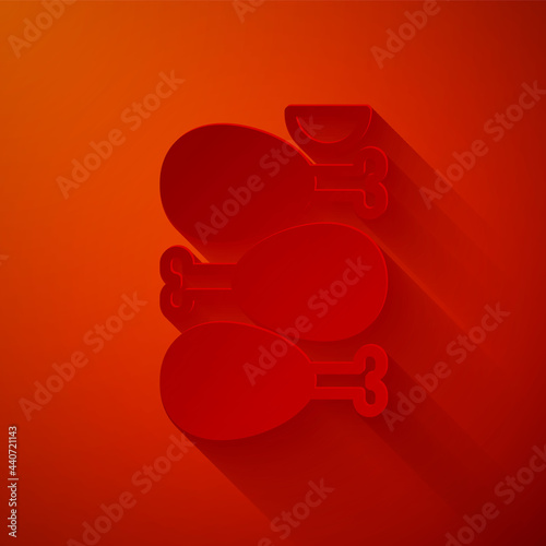 Paper cut Indian traditional food Tandoori chicken icon isolated on red background. Paper art style. Vector