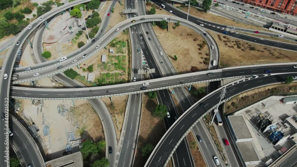 Beautifil areal view of huge road junction with many cars, slow motion, 4k. Beautifil areal view of huge road junction with many cars, slow motion, 4k.
