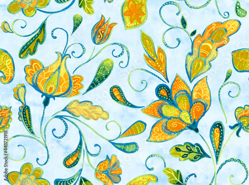 Paisley watercolor floral pattern tile with flowers, flores, tulips, leaves. Oriental traditional hand painted water color whimsical seamless print for ceramic design. Abstract indian batik background © Natalia