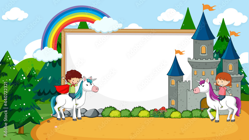 Blank banner in the forest scene with fairy tales cartoon character and elements Blank banner in the forest scene with fairy tales cartoon character and elements