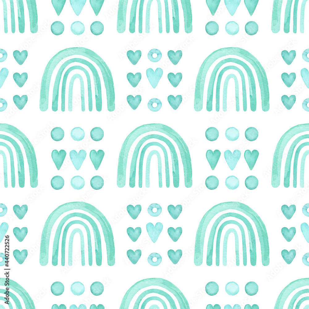 Watercolor turquoise seamless pattern. Hand drawn rainbow background
