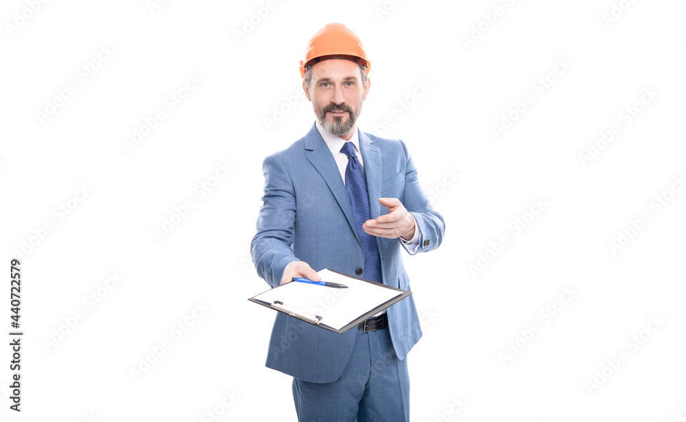mature boss with clipboard. confident businessman in helmet give folder. safety business expertise. mature boss with clipboard. confident businessman in helmet give folder. safety business expertise.