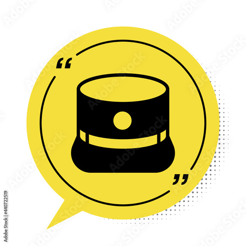 Black Kepi icon isolated on white background. Cap army uniform headgear. Historic general hat. Yellow speech bubble symbol. Vector