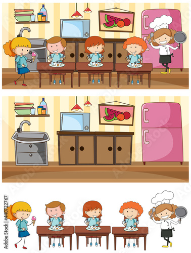 Set of kitchen scene with many kids doodle cartoon character