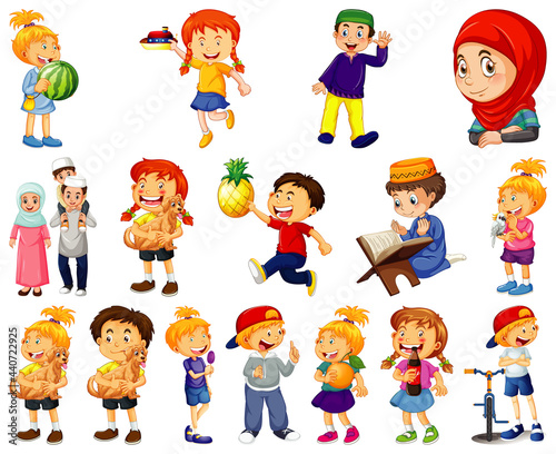 Children doing different activities cartoon character set on white background