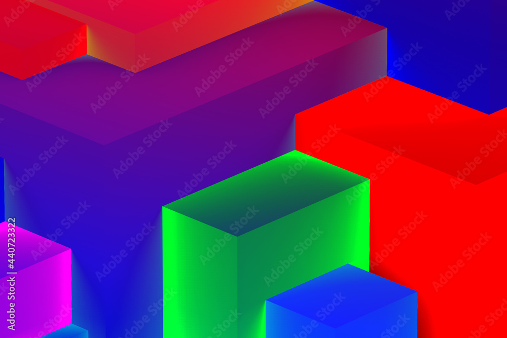 Obraz premium Abstract geometric cubic colorful in neon lights background. isometric 3d render.