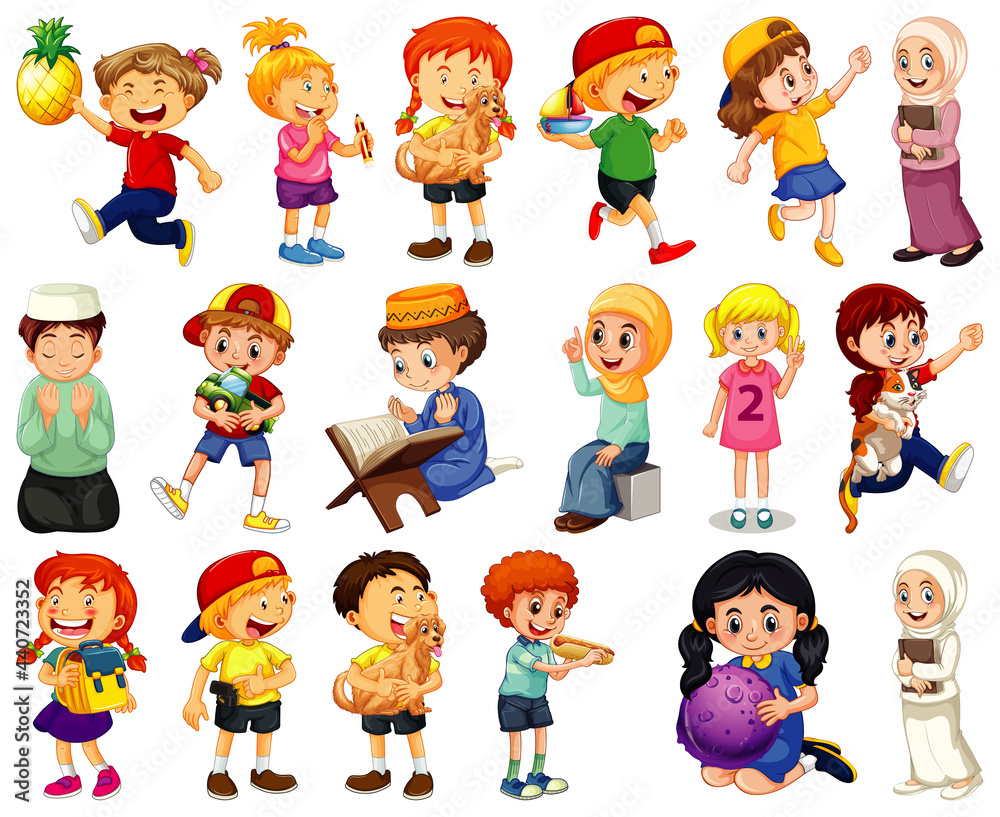 Children doing different activities cartoon character set on white background Children doing different activities cartoon character set on white background