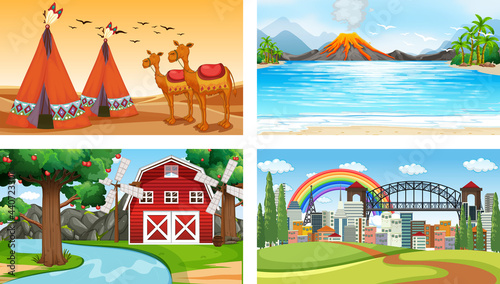 Four different scenes with various animals cartoon character