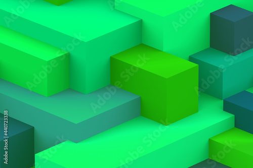 Abstract green geometric cubic dark color background. isometric 3d render.