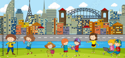 Outdoor scene with many kids playing in the park