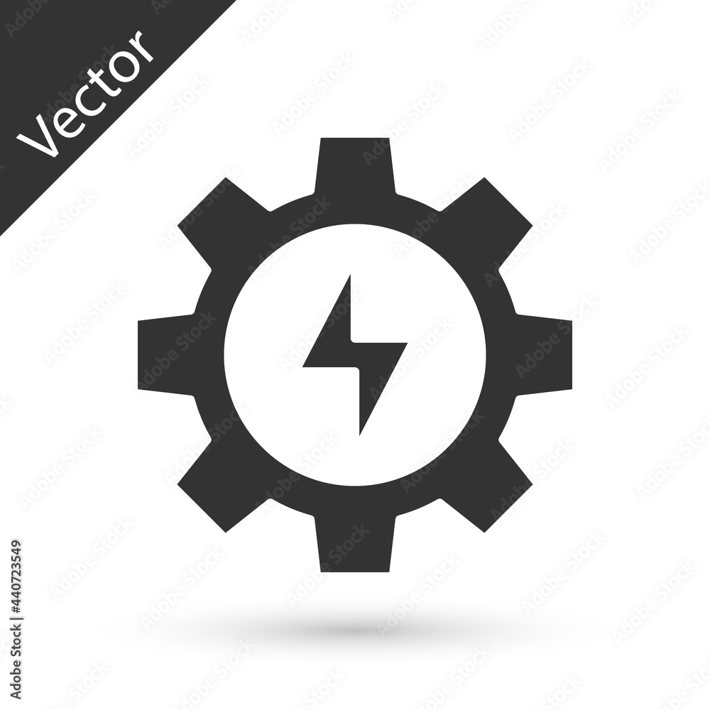 Grey Gear and lightning icon isolated on white background. Electric power. Lightning bolt sign. Vector Grey Gear and lightning icon isolated on white background. Electric power. Lightning bolt sign. Vector