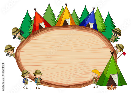Blank wooden board in oval shape with kids doodle cartoon character