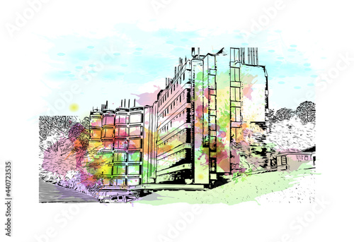 Building view with landmark of Gainesville is a city in northern Florida. Watercolor splash with hand drawn sketch illustration in vector.