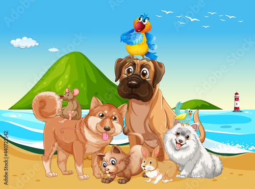 Beach outdoor scene with group of pet