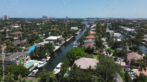 Fort Lauderdale Canals by Las Olas Boulevard, Drone Aerial View, Luxury Mansions and Waterways on Sunny Day photo