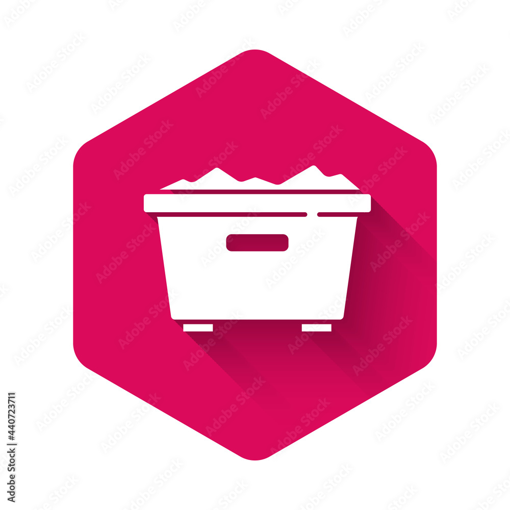 White Trash can icon isolated with long shadow. Garbage bin sign. Recycle basket icon. Office trash icon. Pink hexagon button. Vector