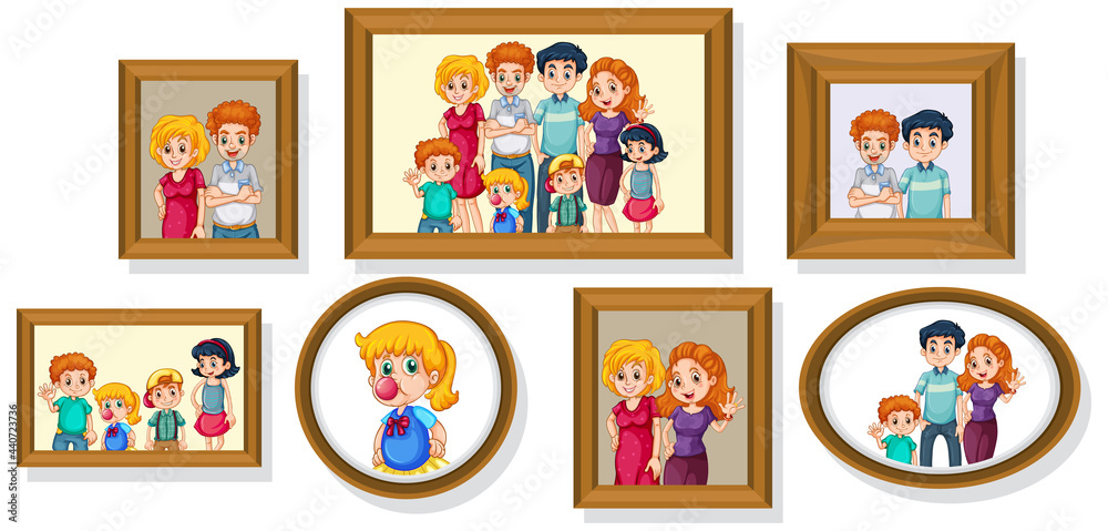 Set of happy family photo on the wooden frame Set of happy family photo on the wooden frame