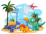 Many cute dinosaurs character in prehistoric land isolated