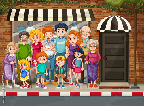 Happy family standing in front of shopping store