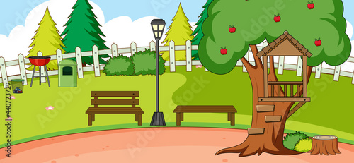 Fototapeta Naklejka Na Ścianę i Meble -  Outdoor scene with bench and apple tree in the park