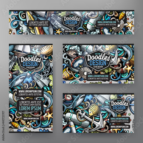 Cartoon vector doodle set of Diving corporate identity templates
