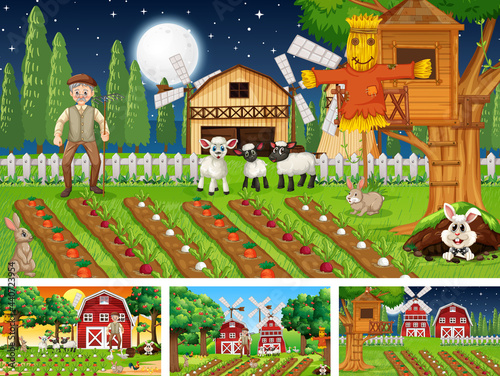 Different farm scenes with old farmer and animal cartoon character