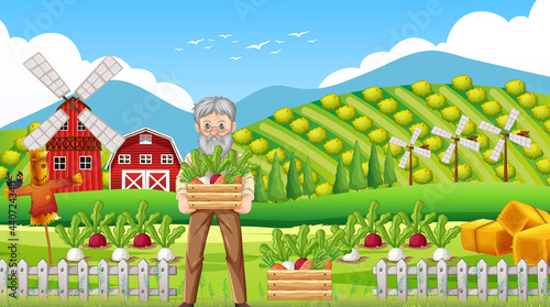 Farm scene with old farmer man and farm animals