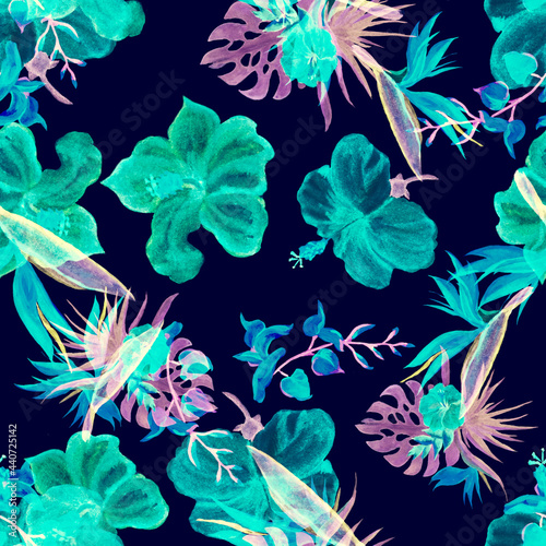 Fototapeta Naklejka Na Ścianę i Meble -  Blue Hibiscus Foliage. Azure Flower Design. Green Seamless Plant. Watercolor Set. Pattern Texture. Pink Tropical Palm. Exotic Foliage. Art Painting.