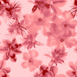 Scarlet Watercolor Garden. Coral Flower Print. Pink Seamless Decor. Blur Hibiscus Illustration. Pattern Illustration. Tropical Wallpaper. Fashion Print. Art Leaf.