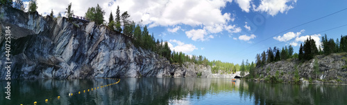 Panorama from the water to the steep slope of the flooded Marble Canyon in the Ruskeala Mountain Park on a sunny summer day.