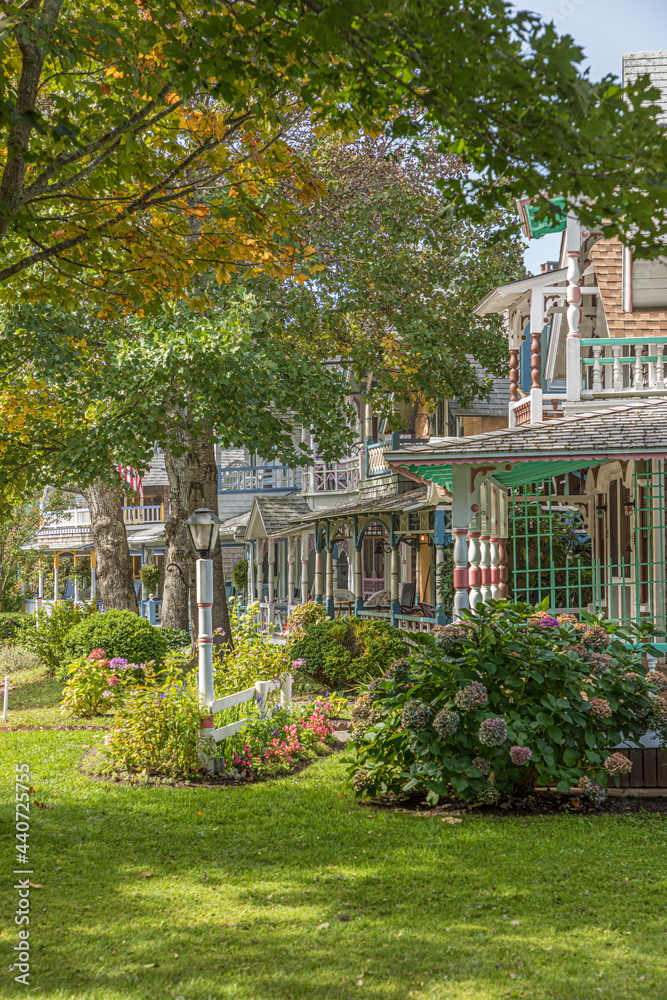 Carpenter Gothic Cottages with Victorian style, gingerbread trim in Wesleyan Grove, town of Oak Bluffs on Martha's Vineyard, Massachusetts