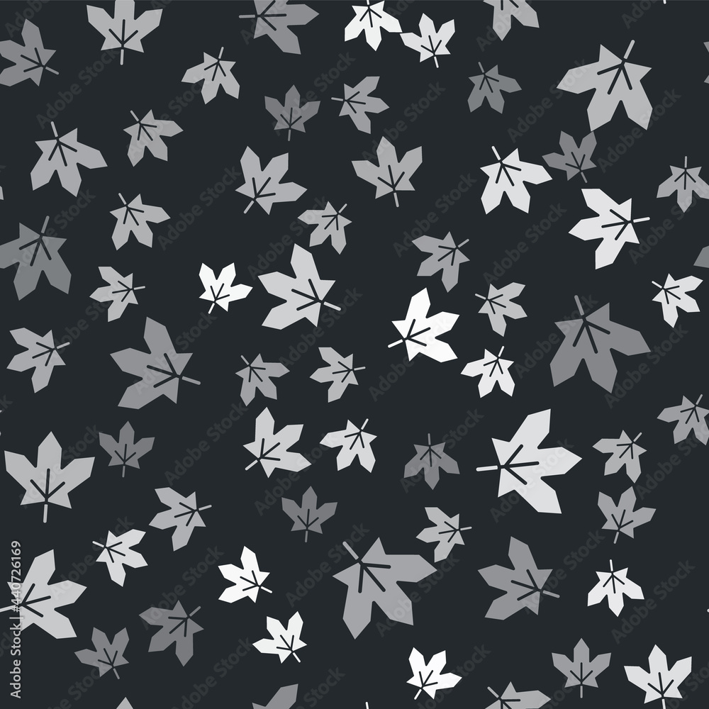 Grey Canadian maple leaf icon isolated seamless pattern on black background. Canada symbol maple leaf. Vector