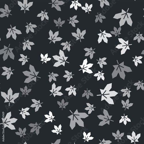 Grey Canadian maple leaf icon isolated seamless pattern on black background. Canada symbol maple leaf. Vector