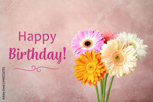 Canvas Print Happy Birthday! Bouquet of beautiful bright gerbera flowers on pink background