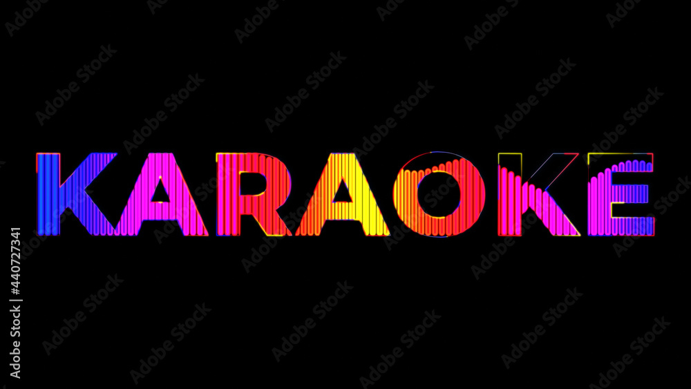 Karaoke text. Party in 80s style. Party text with sound waves effect. Glowing neon lights. Retrowave and synthwave style. For postcard, party invitation, banner, poster.